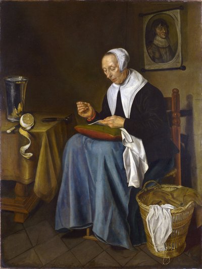 Une vieille femme assise cousant - Johannes van der Aeck